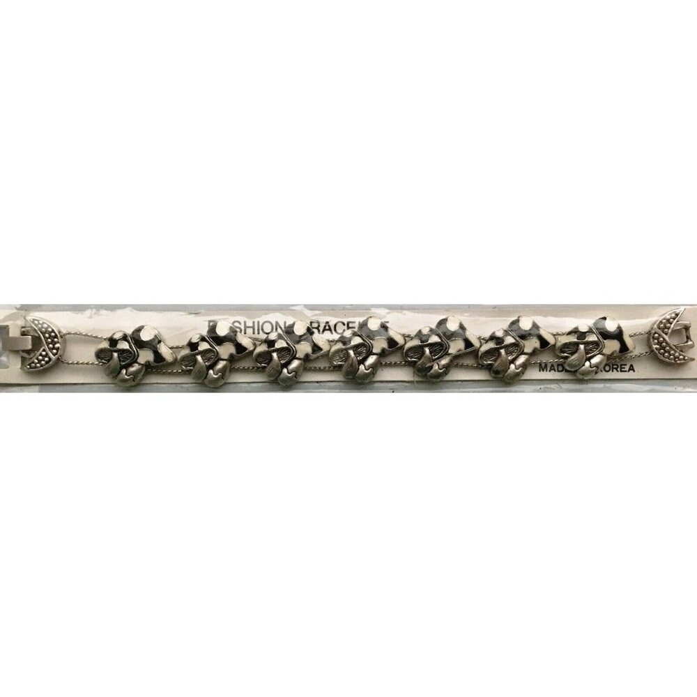 Mushrooms Slide Charm Bracelet New, Old Stock, Vintage Silver Tone Black White